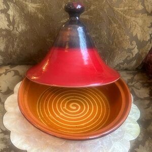 Handmade Red & Brown Tagine Pot with Spiral Interior